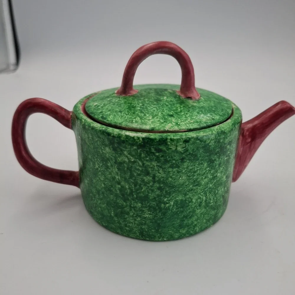 Vintage MMA Metropolitan Museum of Art Green Ceramic Teapot Miniature Calligraph